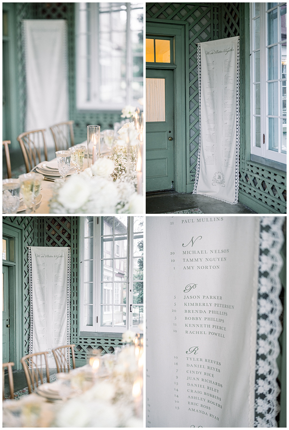 wedding table scape adorned with babies breath and white roses and fabric seating chart signage with lace trim and lit candles at the base of the table