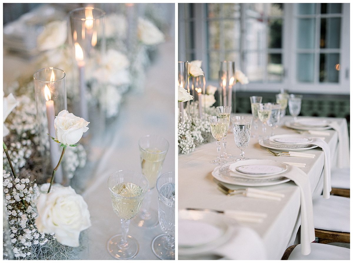 white wedding tablesape details and crystal glasses and flatware