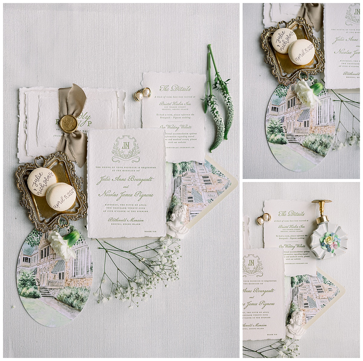 wedding letterpress stationary with watercolor painting details and heirloom perfume and flatlay details