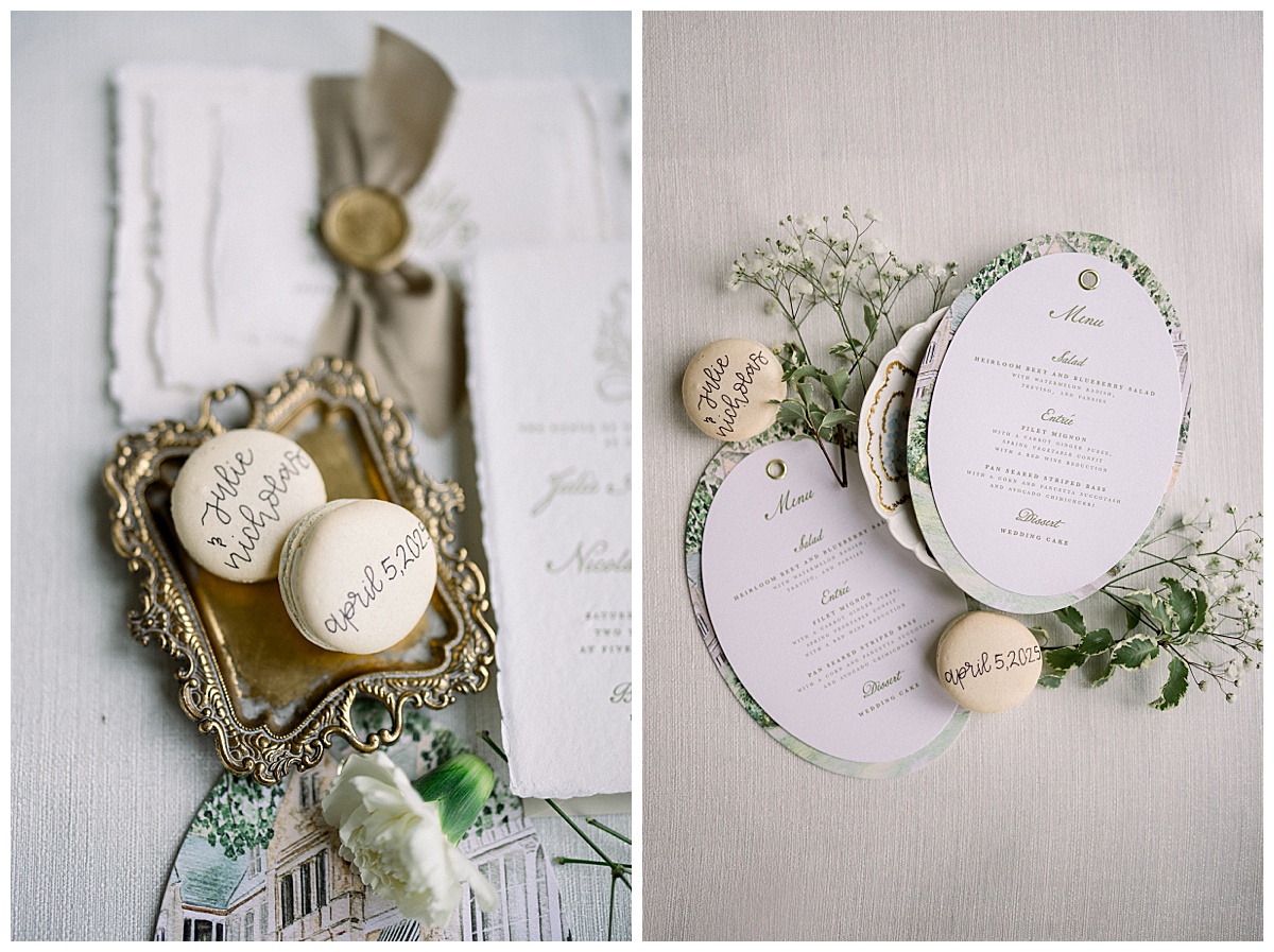 wedding letterpress stationary and menues with watercolor painting details and heirloom perfume and flatlay details