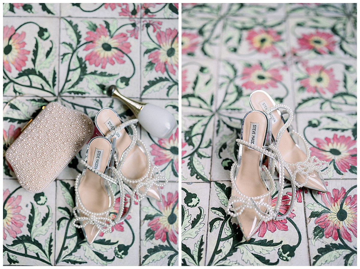 bridal details on the patterned floor of the greenhouse at blithewold mansion