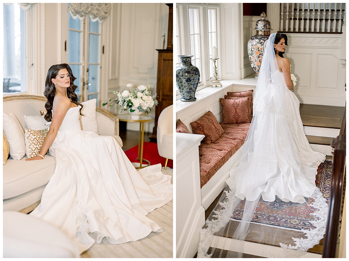 editorial bridal portraits in a veil at blithewold mansion