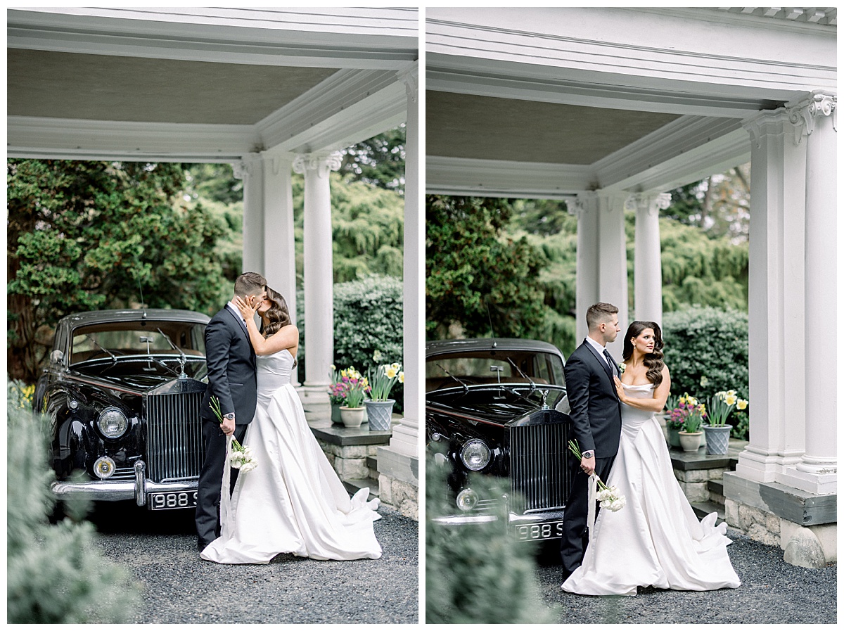 wedding portraits with bride and groom at blithewold mansion front entrance and a black rolls royce parked out front