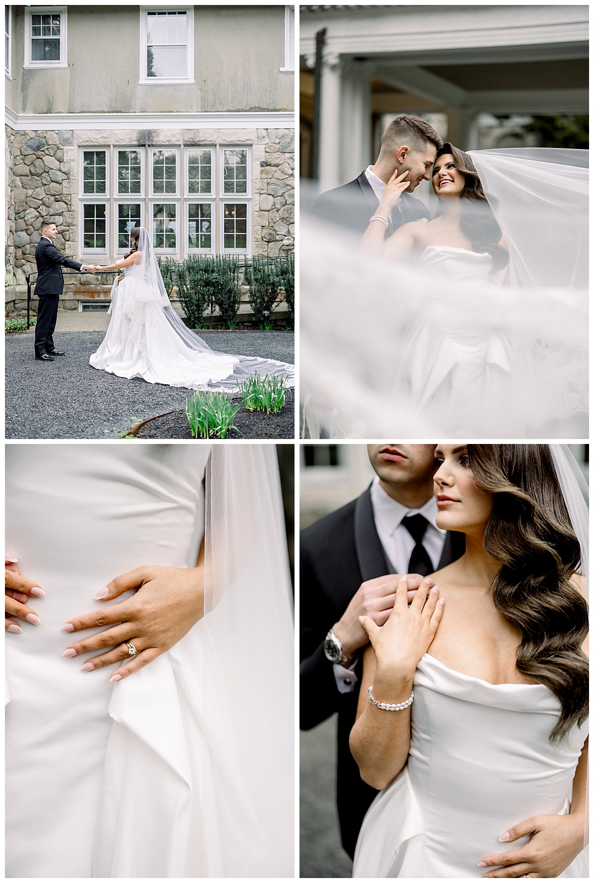 wedding portraits with bride and groom at blithewold mansion front entrance and a black rolls royce parked out front