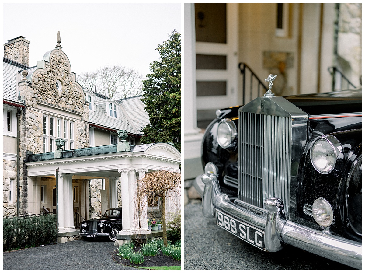 blithewold mansion front entrance and a black rolls royce parked out front
