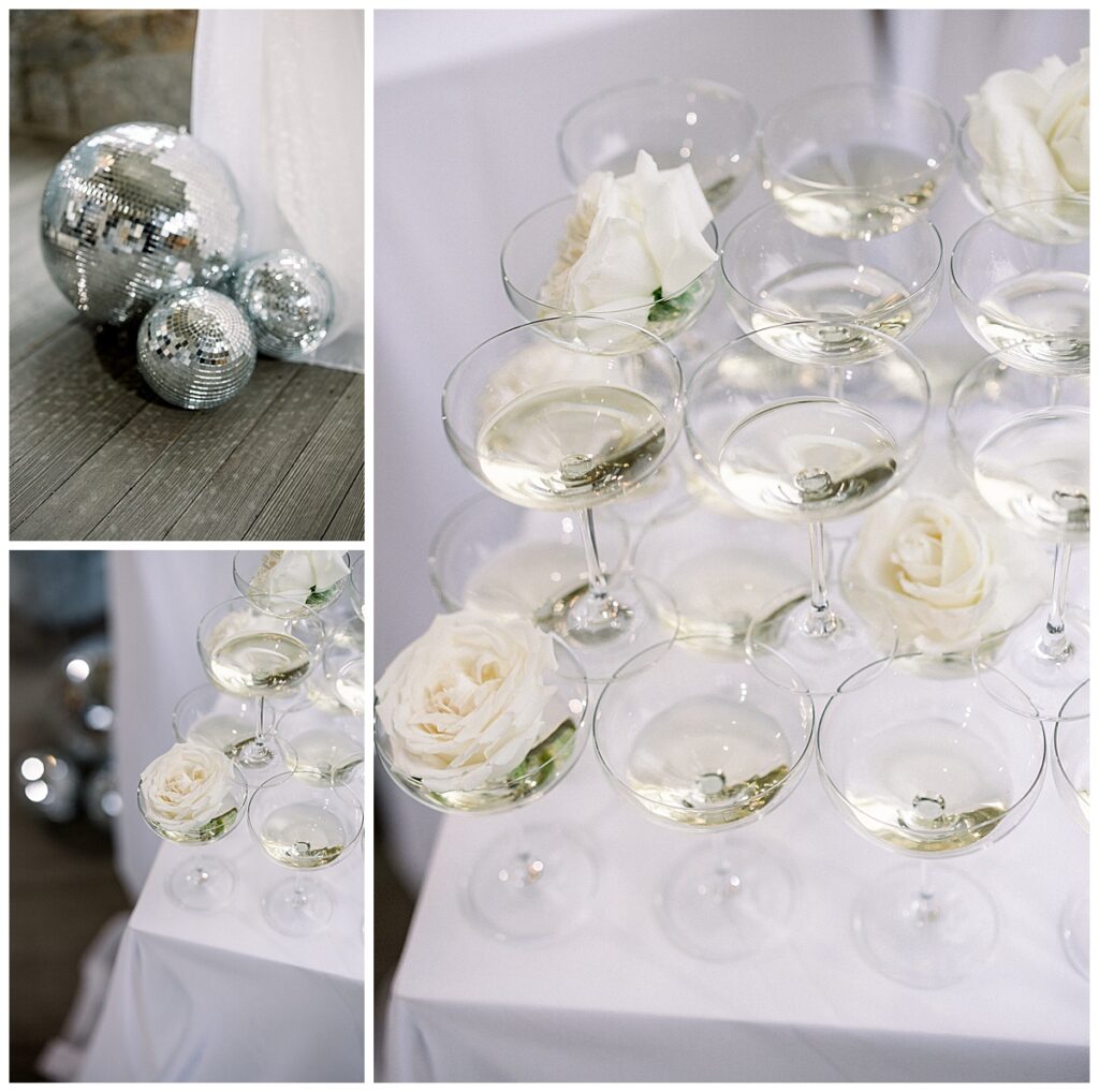 wedding disco ball decor and champagne tower with flowers inside of the glasses
