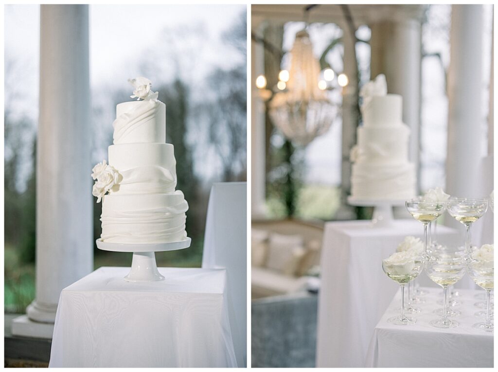 white wedding cake with beautiful floral details