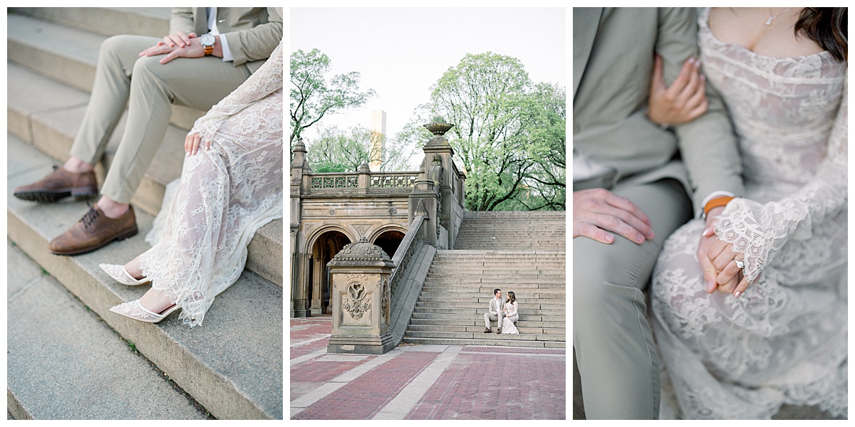 image collage of bride and groom posing at central park and sitting on stairs, close up details of hands holding taken by Newport rhode island wedding photographer