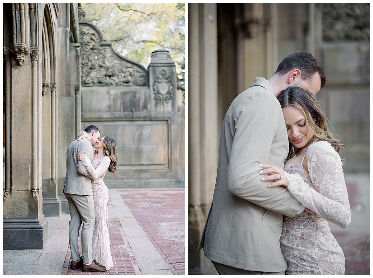 image collage of bride and groom posing at central park and embracing under the terrace taken by Newport rhode island wedding photographer