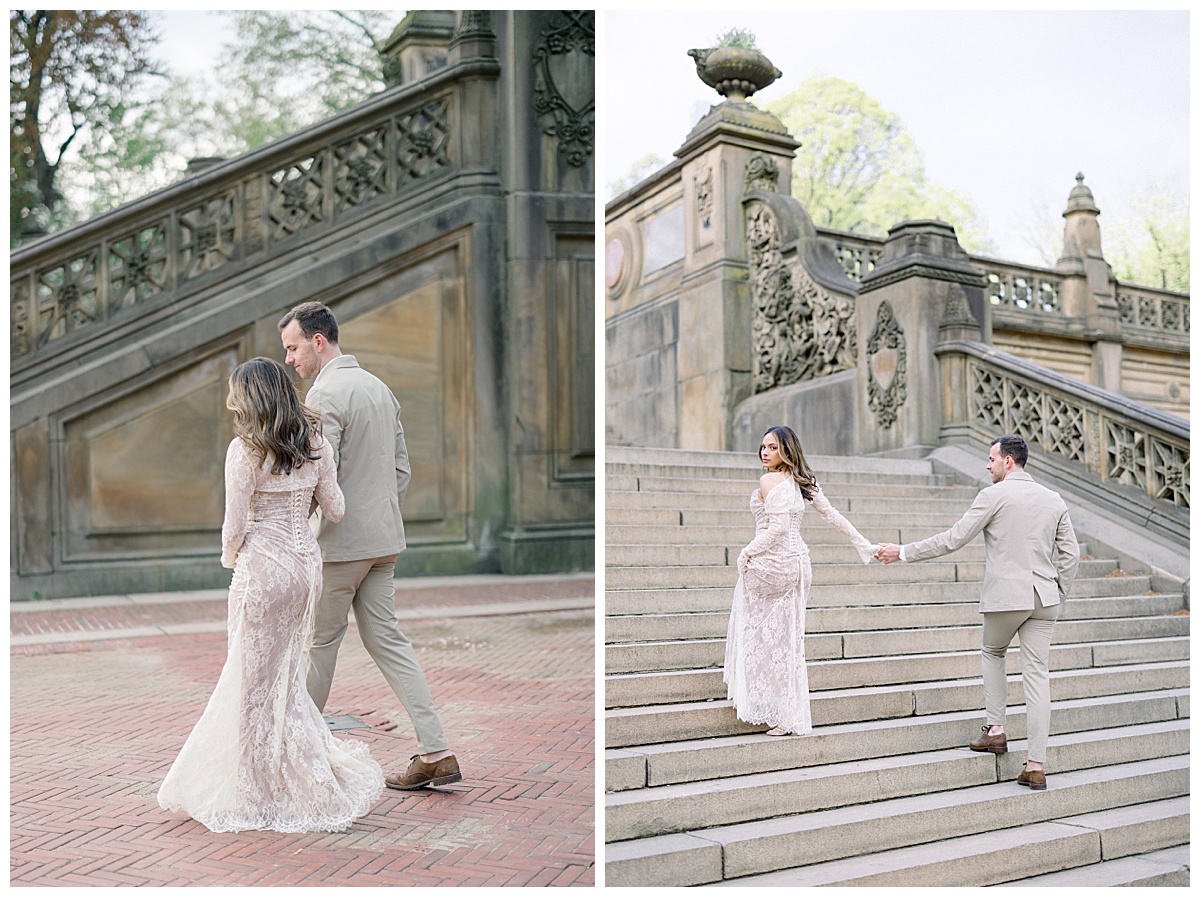 image collage of bride and groom posing at central park and walking up stairs taken by Newport rhode island wedding photographer