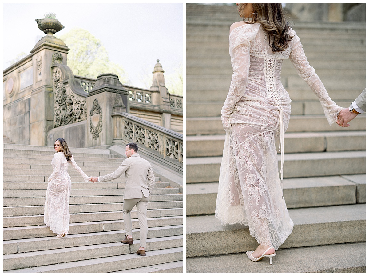 image collage of bride and groom posing at central park and holding hands while walking up stairs taken by Newport rhode island wedding photographer