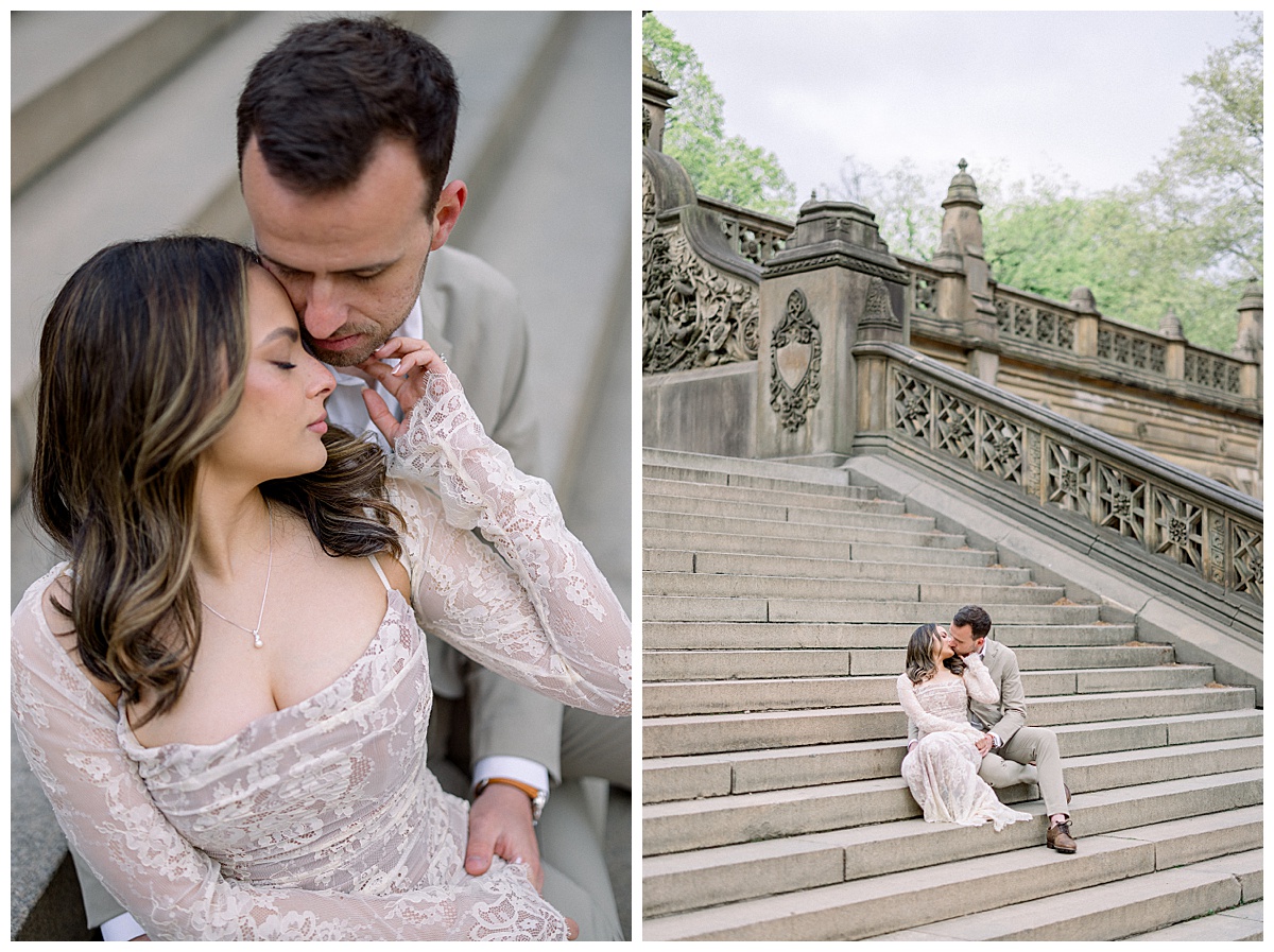 image collage of bride and groom posing at central park and sitting on the steps cuddling close nose to nose and going in for a kiss taken by Newport rhode island wedding photographer