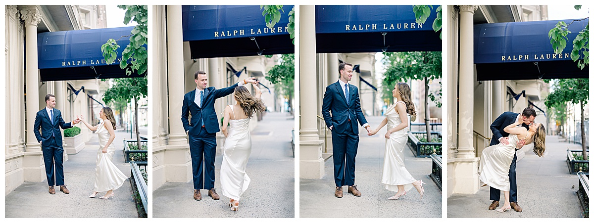 bride and groom posing in the streets of nyc outside of ralph lauren taken by Newport rhode island wedding photographer