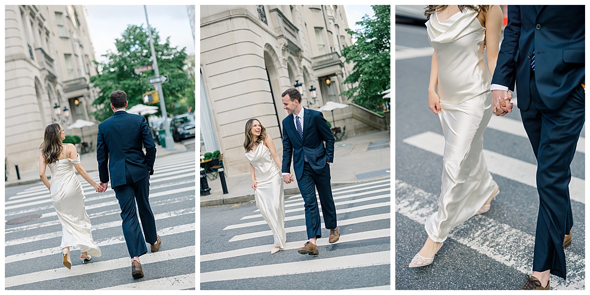 bride and groom running through the streets of new york city taken by Newport rhode island wedding photographer