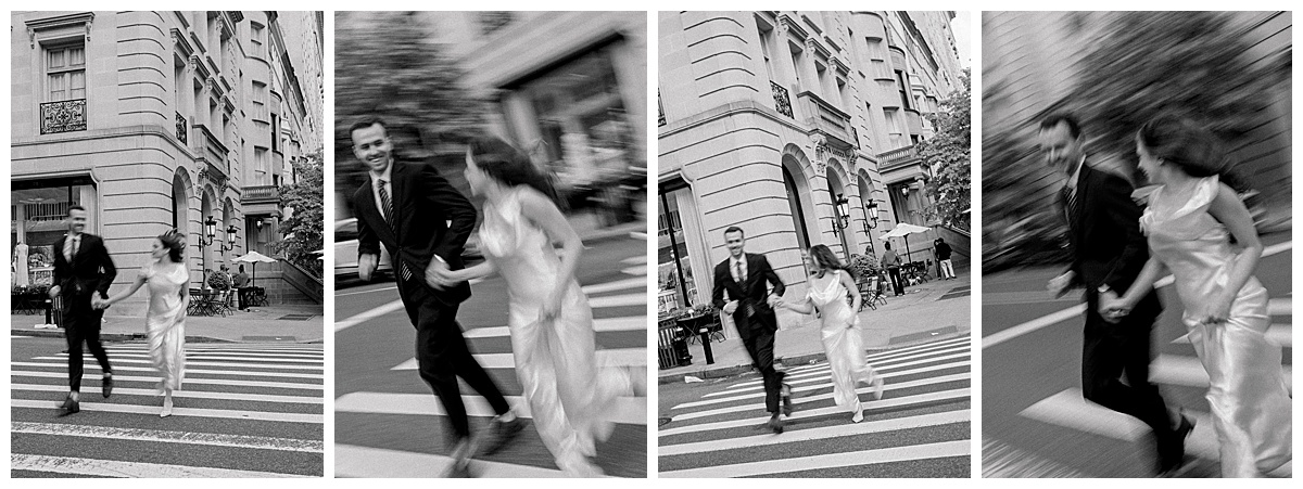 bride and groom running through the streets of new york city getting motion blurr taken by Newport rhode island wedding photographer