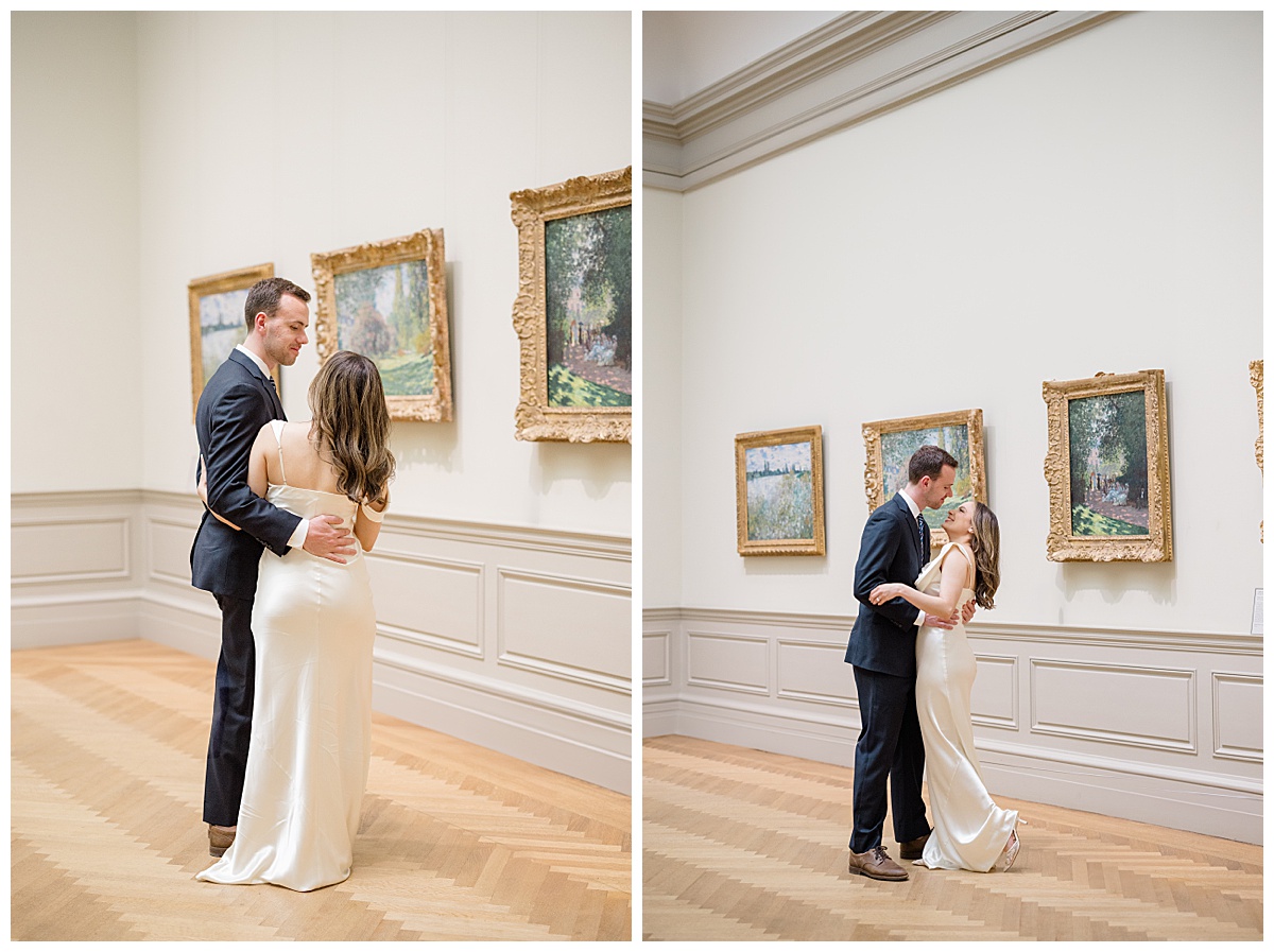 bride and groom explore The Met museum during their engagement session taken by Newport rhode island wedding photographer