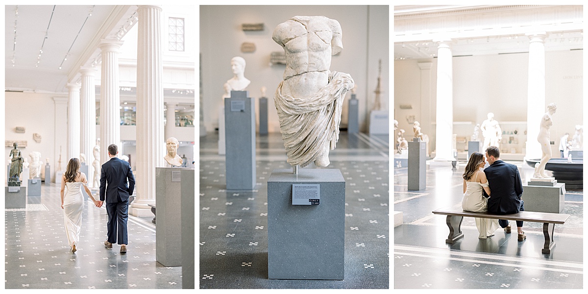 bride and groom explore The Met museum during their engagement session taken by Newport rhode island wedding photographer
