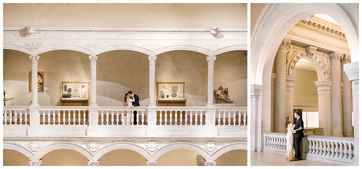 bride and groom explore The Met museum during their engagement session taken by Newport rhode island wedding photographer