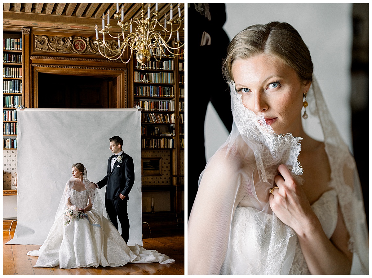 editorial bride and groom portraits at mansion wedding