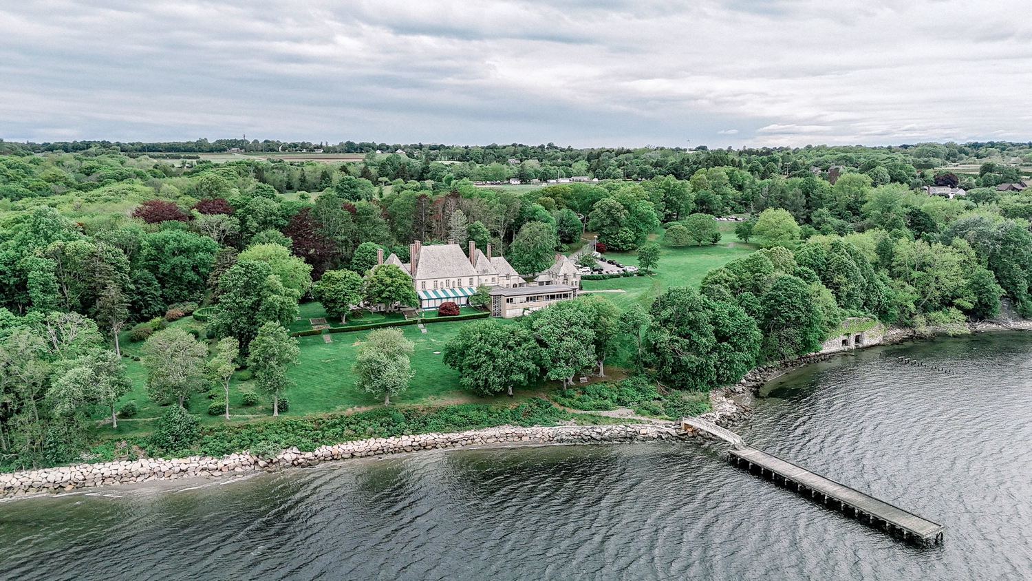 Drone photo of a wedding ceremony at Newport Mansion Rhode Island Wedding