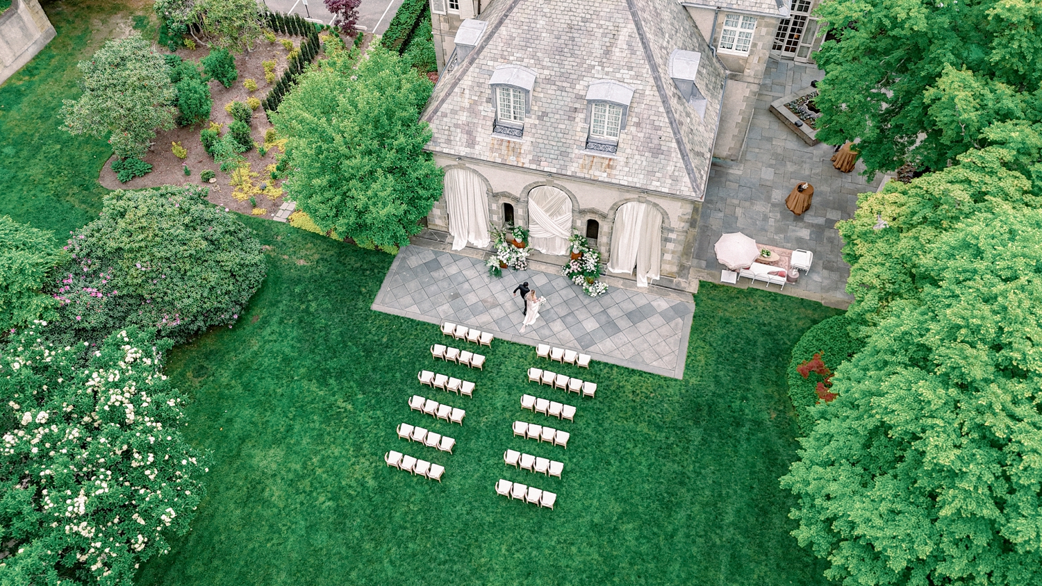 Drone photo of a ceremony at Rhode Island Wedding