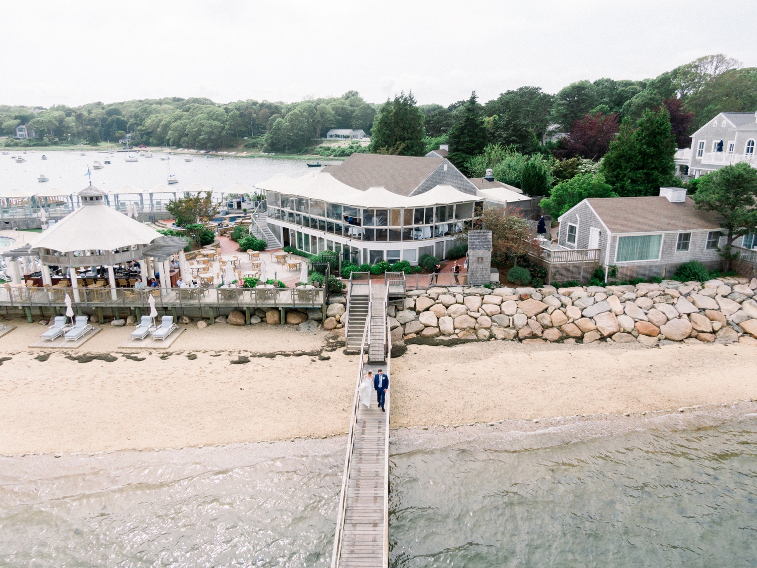 Drone photo of a wedding couple on a pier at Newport Rhode Island Wedding
