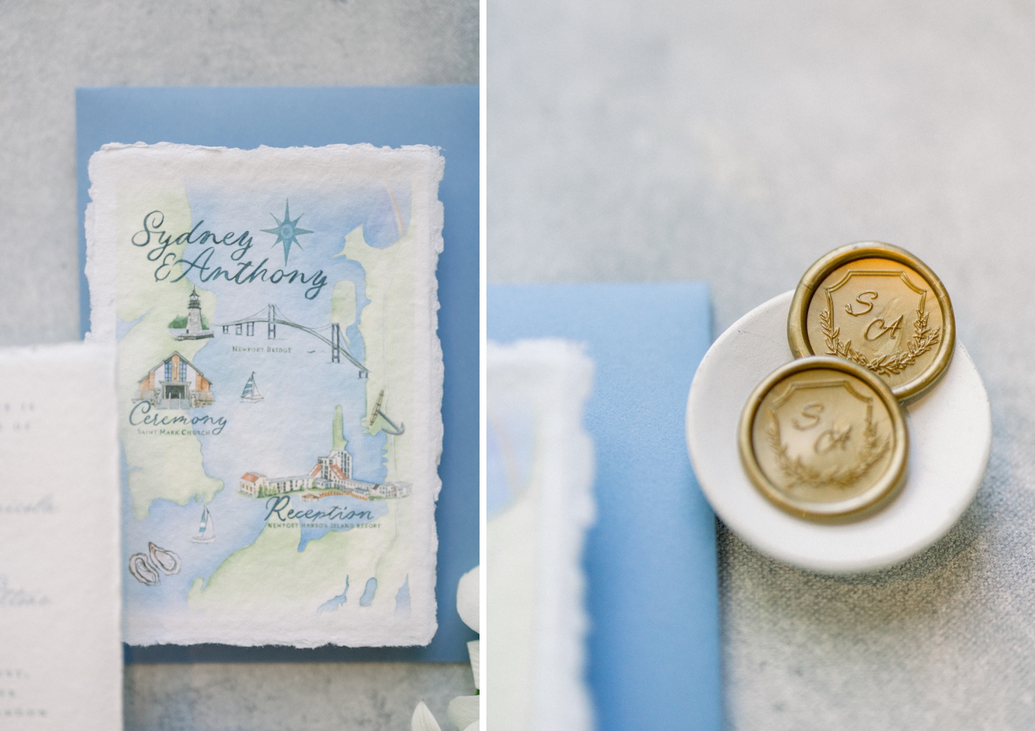 Blue and white watercolor invitation details set the tone for a Newport coastal wedding.