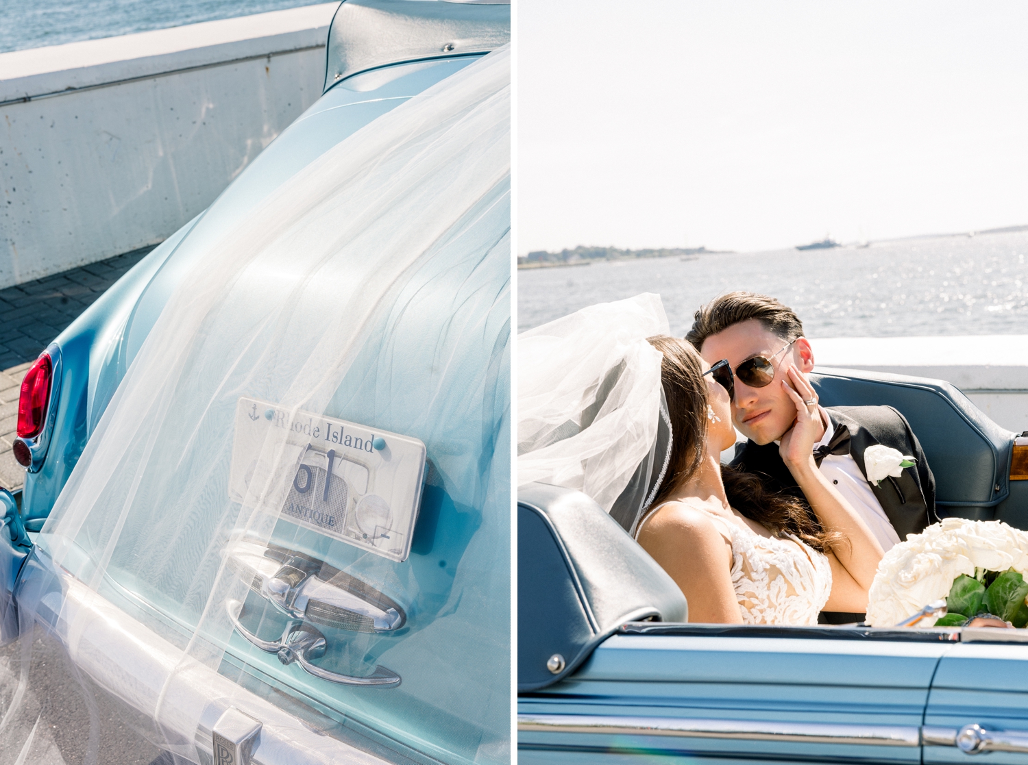 A baby blue vintage Rolls-Royce crosses the Newport Bridge on the wedding day.