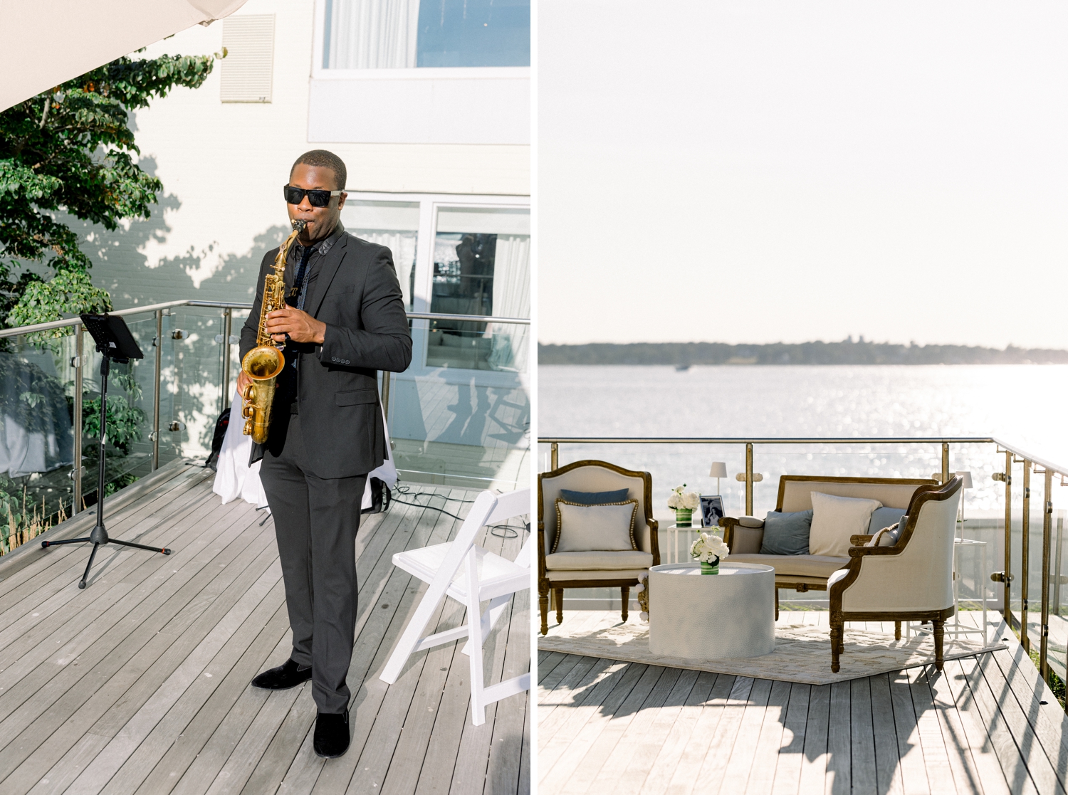 A saxophonist performs outdoors during cocktail hour at Newport Harbor Island Resort.