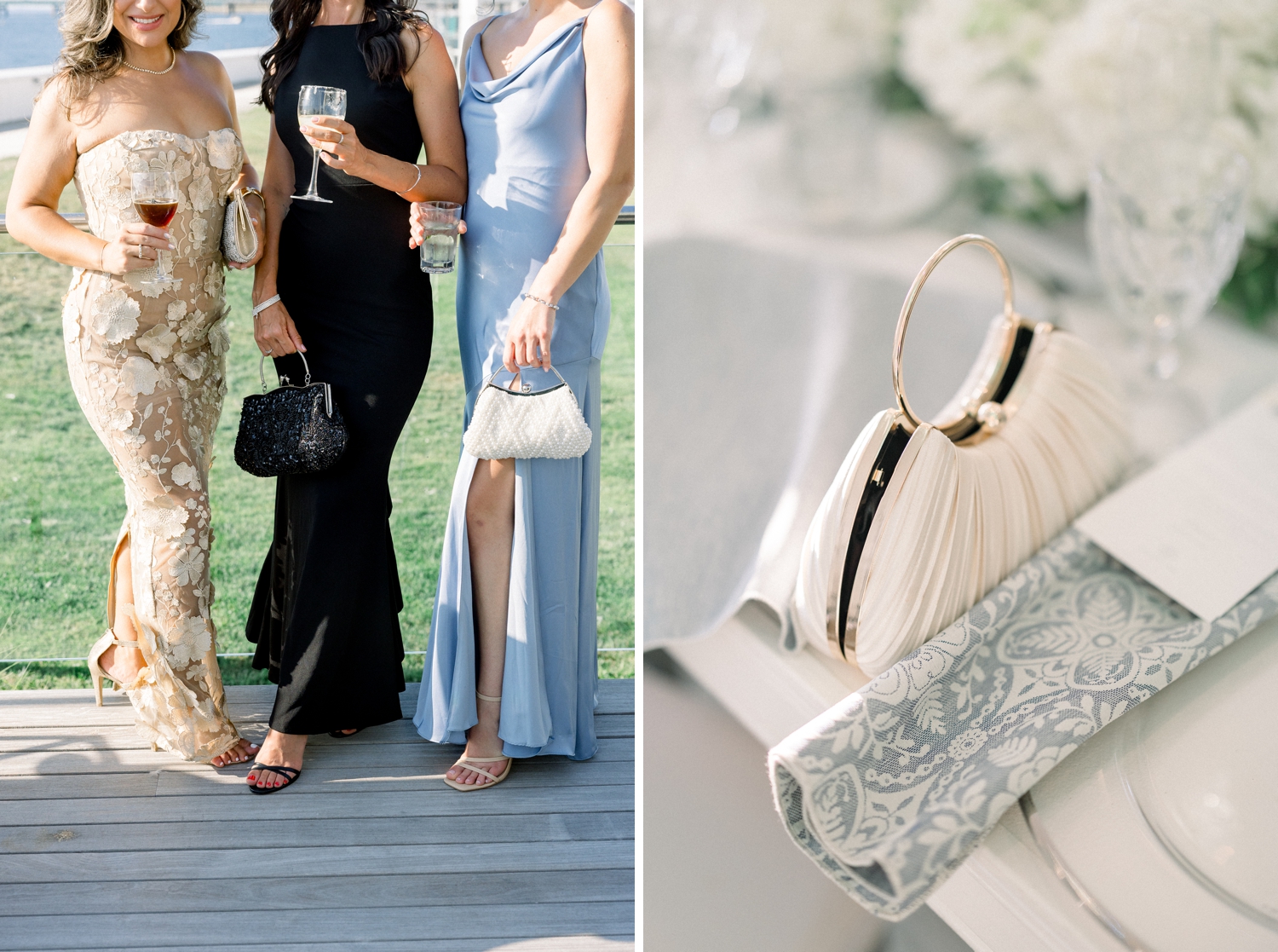 Wedding guests in black tie fashion gather for cocktail hour by Newport Harbor.