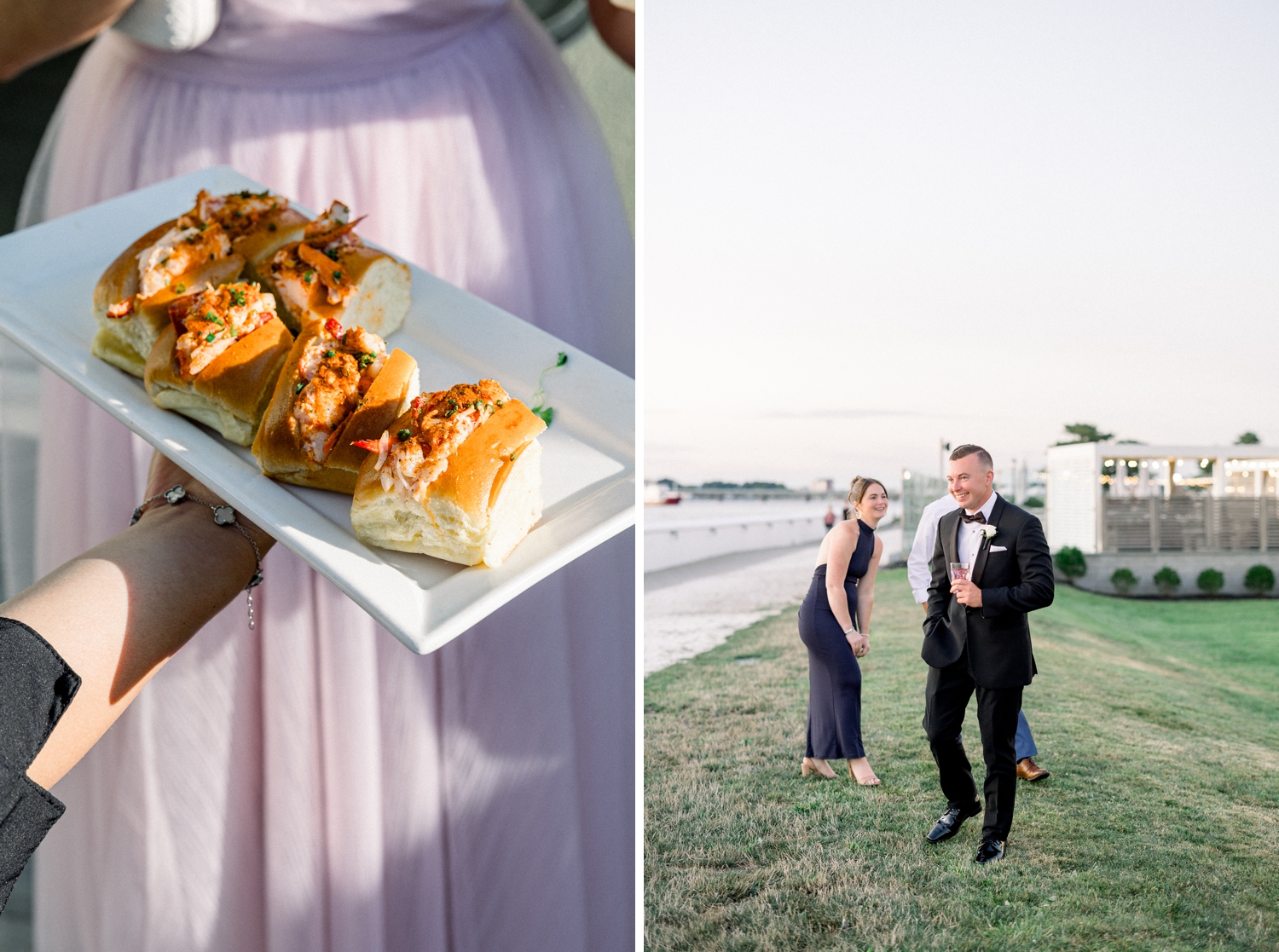 Wedding guests in black tie fashion gather for cocktail hour by Newport Harbor.