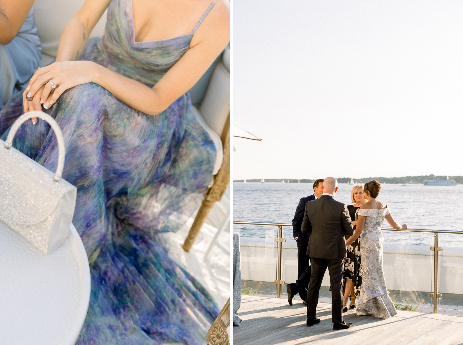 Wedding guests in black tie fashion gather for cocktail hour by Newport Harbor.