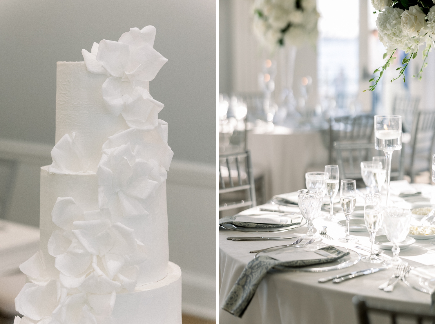 Elegant white place settings create a refined coastal wedding reception in Newport.