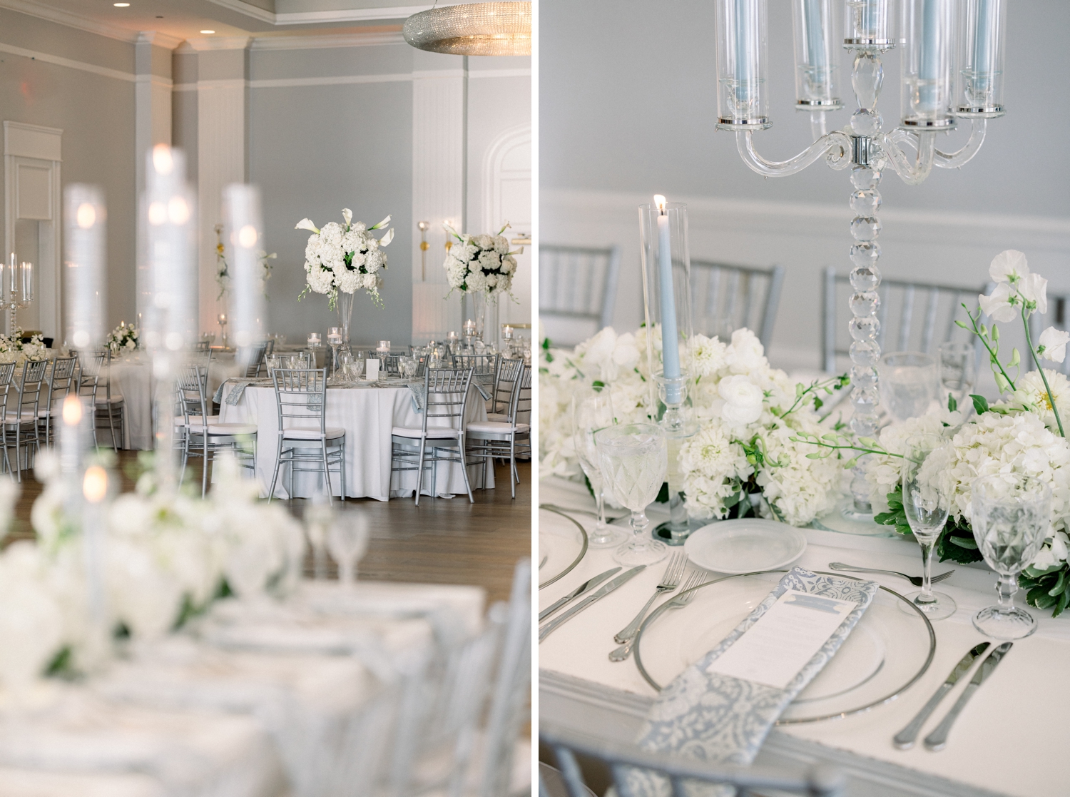 White florals and glass candelabras decorate a Newport Harbor Island Resort Wedding reception.