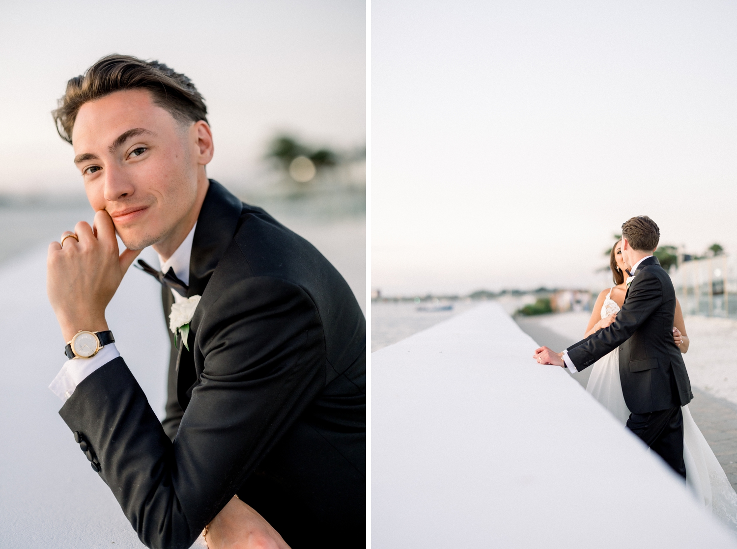 Sunset photos of bride and groom as A coastal black tie celebration unfolds at a Newport Harbor Island Resort Wedding.