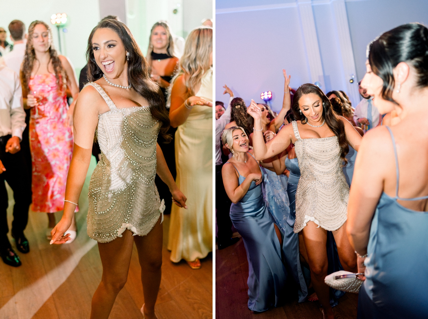 The bride dances in a beaded reception dress during her coastal black tie wedding.