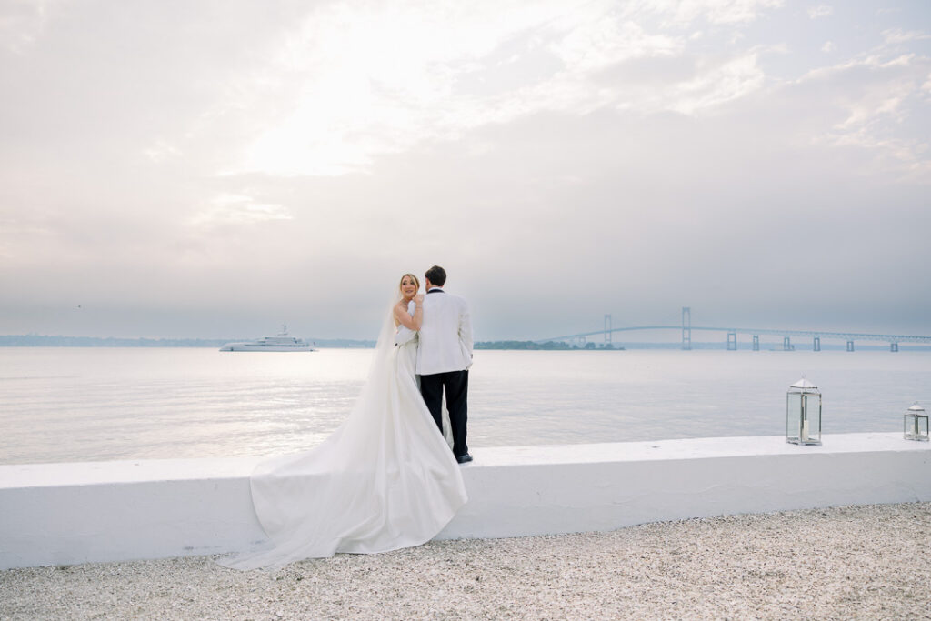 classic bride and groom coastal portrait